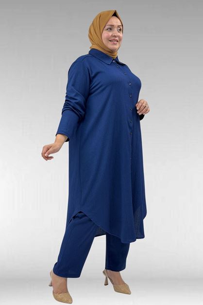 37013 Large Size Buttoned Suit with Wrinkled Trousers-Navy Blue