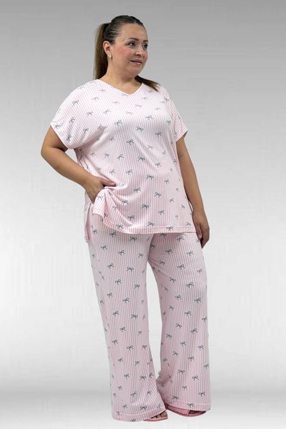 67802 Büyük Beden Yanı Yırtmaçlı Milan Pijama Takımı - Antrasit Kurdele Desenli