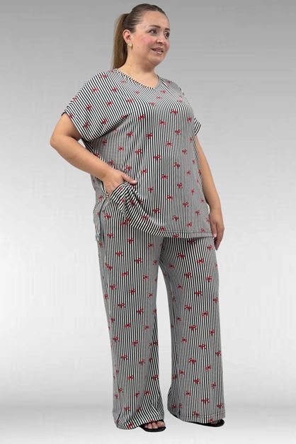 67802 Büyük Beden Yanı Yırtmaçlı Milan Pijama Takımı - Kırmızı Kurdele Desenli