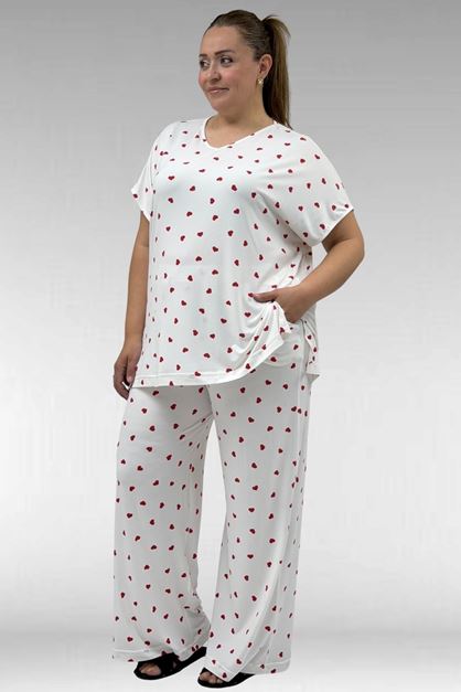 67802 Büyük Beden Yanı Yırtmaçlı Milan Pijama Takımı - Kırmızı Kalp Desenli