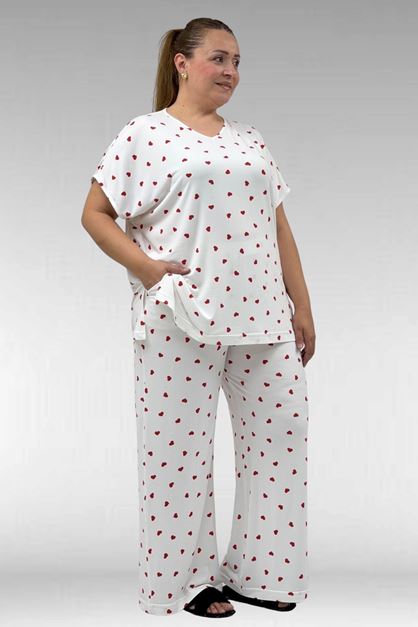 67802 Büyük Beden Yanı Yırtmaçlı Milan Pijama Takımı - Kırmızı Kalp Desenli