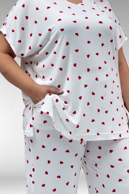 67802 Büyük Beden Yanı Yırtmaçlı Milan Pijama Takımı - Kırmızı Kalp Desenli