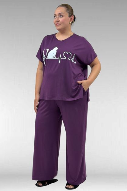67804 Büyük Beden Yanı Yırtmaçlı Penye Pijama Takımı - Mürdüm