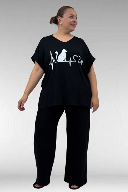 67804 Büyük Beden Yanı Yırtmaçlı Penye Pijama Takımı - Siyah