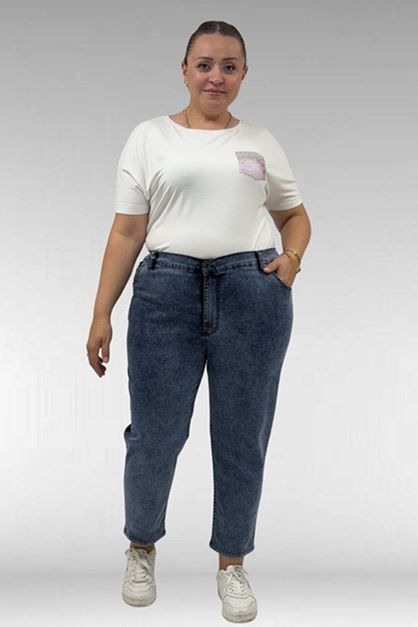 D-9125-8 Büyük Beden Boy Friend Kot Pantolon - Kar Yıkama Lacivert