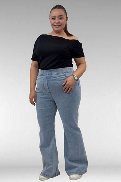 D-9137-22 Büyük Beden İspanyol Paça Kot Pantolon - Kar Yıkama Buz Mavi