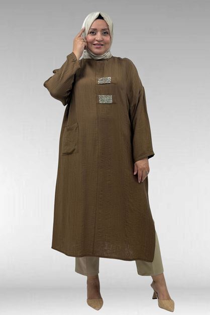 68044 Büyük Beden Taş Baskı Detaylı Double Tensel Tunik - Taba