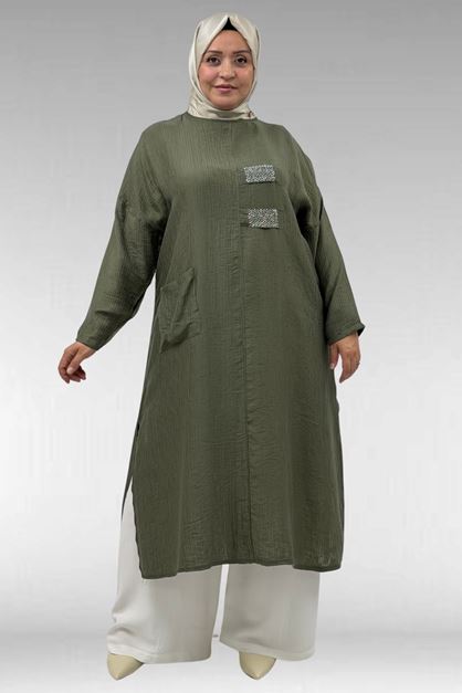 68044 Büyük Beden Taş Baskı Detaylı Double Tensel Tunik - Haki