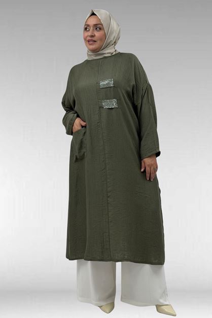 68044 Büyük Beden Taş Baskı Detaylı Double Tensel Tunik - Haki