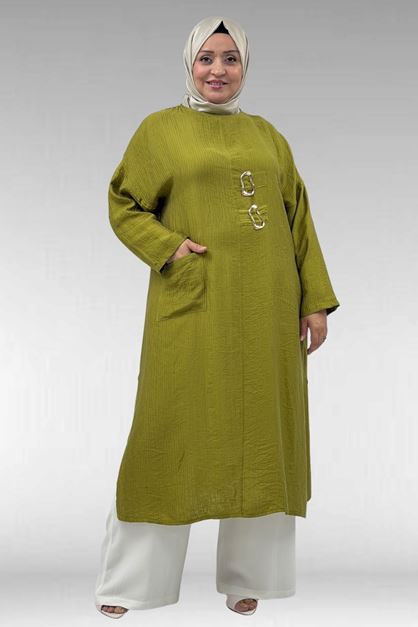 68043 Büyük Beden Toka Detaylı Double Tensel Tunik - Yağ Yeşili