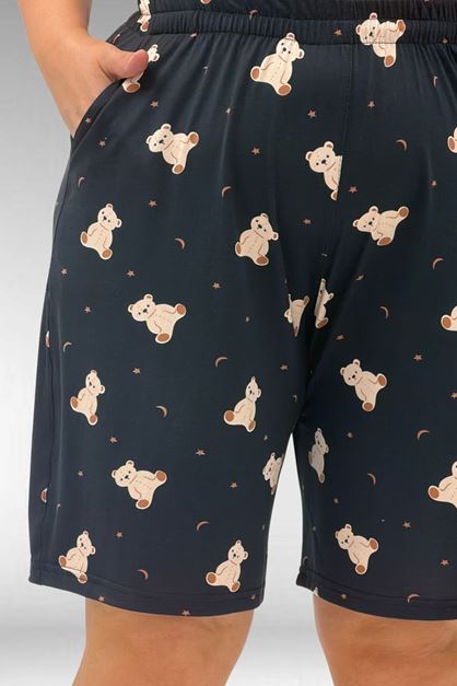 67805 Büyük Beden Desenli Şort-Tişört Pijama Takımı - Ayıcık Desenli