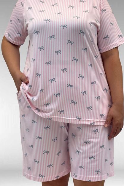 67805 Büyük Beden Desenli Şort-Tişört Pijama Takımı - Antrasit Kurdele Desenli