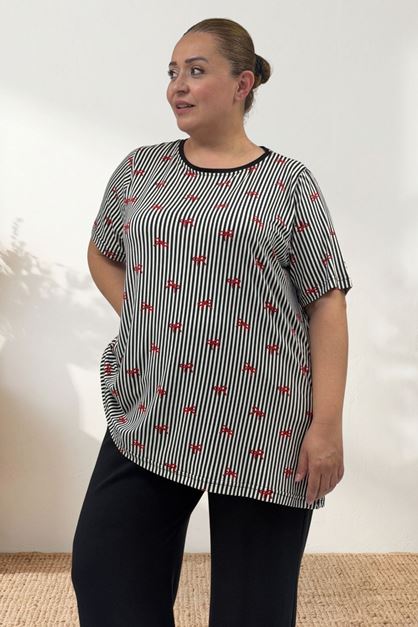 67809 Büyük Beden Üstü Desenli Kombinli Milan-Modal Pijama Takımı - Kırmızı Kurdele Desenli