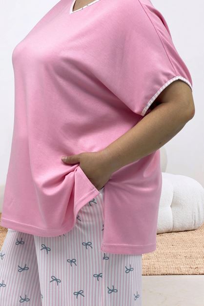 67808 Büyük Beden Kombinli Modal -Milan Pijama Takımı - Antrasit Kurdele Desenli