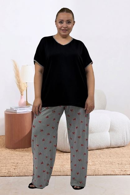 67808 Büyük Beden Kombinli Modal -Milan Pijama Takımı - Kırmızı Kurdele Desenli