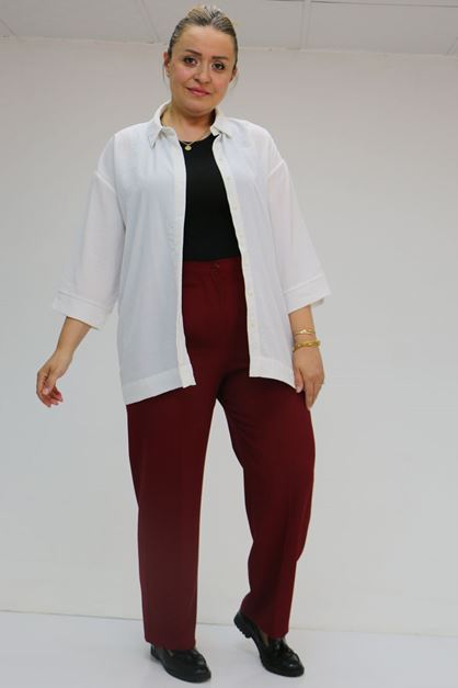 29021 Büyük Beden Beli Düğmeli Double Pantolon - Bordo