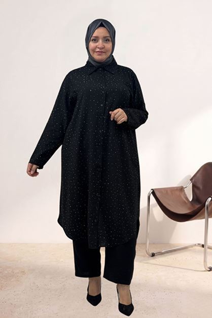 D-67058 Büyük Beden Gömleği Taş Detaylı Pantolonlu Mango Takım - Siyah