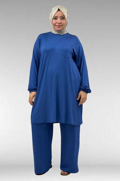 38014 Büyük Beden  Basic Penye Tunik - İndigo