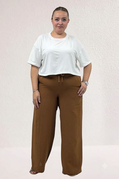 59021 Büyük Beden Beli Lastikli Müslim Bol Paça Pantolon - Kahve