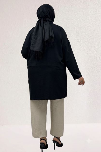 63015 Büyük Beden Mostralı Keten Blazer Ceket - Siyah
