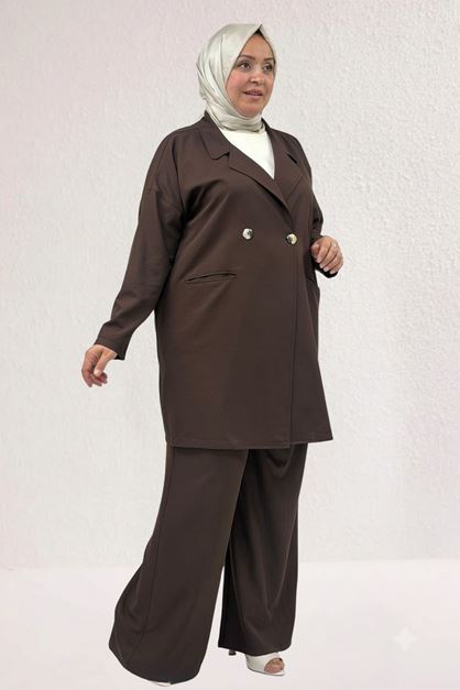 67056-1 Büyük Beden Blazer Ceket - Pantolon Nova Takım - Kahve