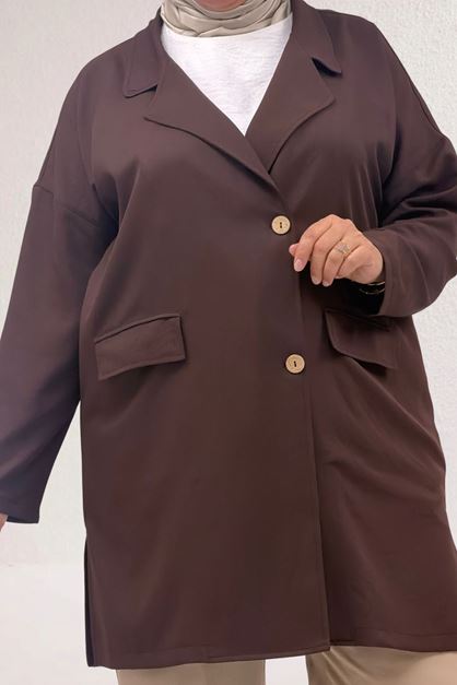 63015-1 Büyük Beden Mostralı Blazer Ceket - Kahve