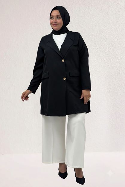 63015-1 Büyük Beden Mostralı Blazer Ceket - Siyah