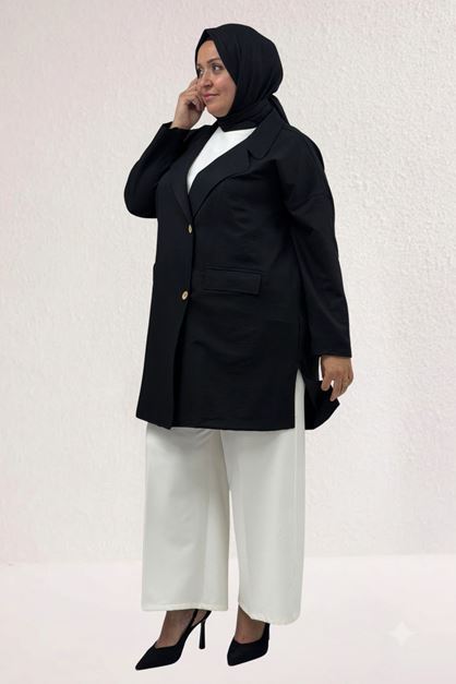 63015-1 Büyük Beden Mostralı Blazer Ceket - Siyah
