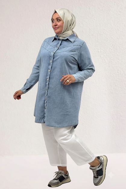 47008 Large Size Lyocell Tassel Trousers Suit-Blue