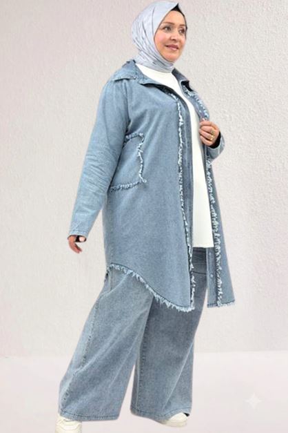 47008 Large Size Lyocell Tassel Trousers Suit-Blue
