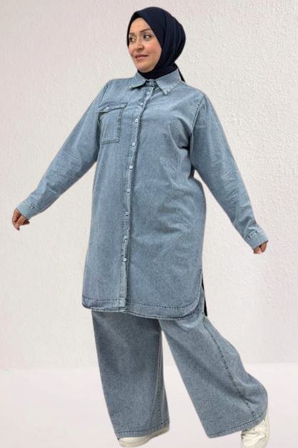 47008 Large Size Lyocell Tassel Trousers Suit-Blue