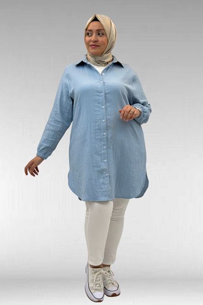 58091 Büyük Beden Kolları Lastikli Müslin Gömlek - Bebe Mavi