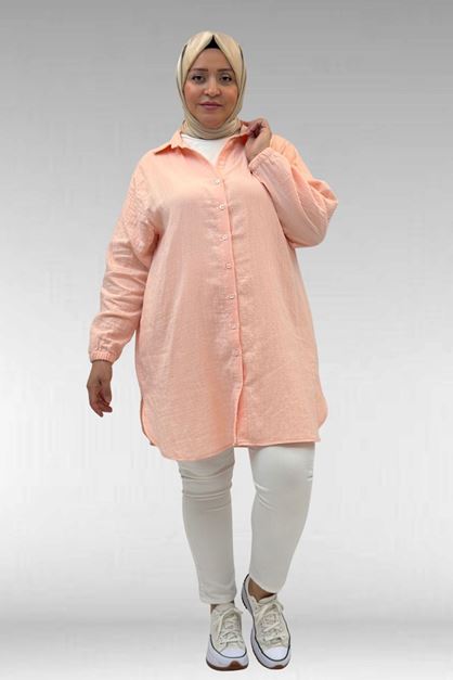 58091 Büyük Beden Kolları Lastikli Müslin Gömlek - Toz Pembe