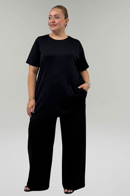 D-67067 Büyük Beden Tişört Pantolonlu Modal Takım - Siyah