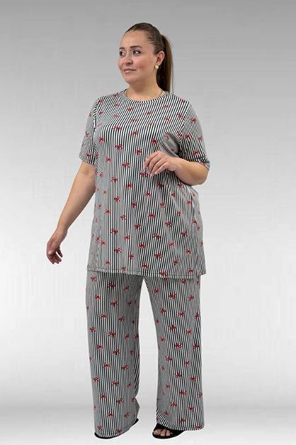 D-67801 Büyük Beden Kısakol Desenli  Pijama Takımı - Kırmızı Kurdele Desenli