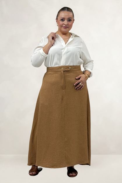 65004 Büyük Beden Kendinden Kemerli Düğmeli Melanj Etek - Taba