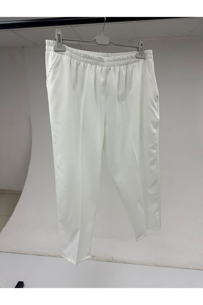 T-29020 Büyük Beden Beli Lastikli Boru Paça Pantolon - Ekru