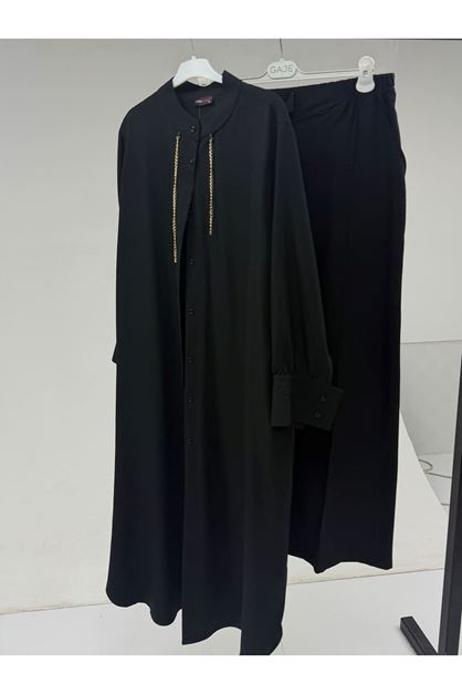 T-67048 Büyük Beden Patı Kar Tanesi Aksesuar Detaylı Airobin Pantolonlu Takım - Siyah