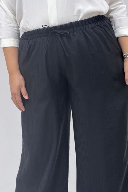 69012 Büyük Beden Beli Lastikli Cepli Bol Paça Double Tensel Pantolon - Siyah
