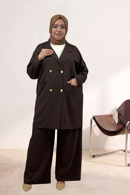 D-67056 Büyük Beden Blazer Ceket - Pantolon Nova Takım - Kahve