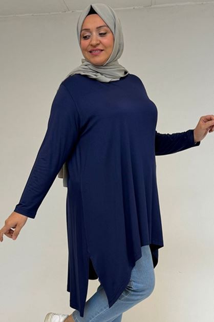 D-58070 Büyük Beden Asimetrik Kesim Penye Tunik - İndigo