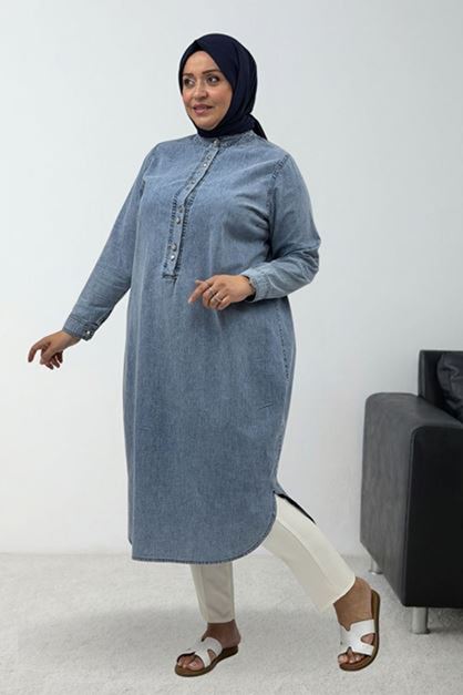 D-68050 Büyük Beden Yarım Patlı Kot Tensel Tunik - Kar Yıkama Buz Mavi