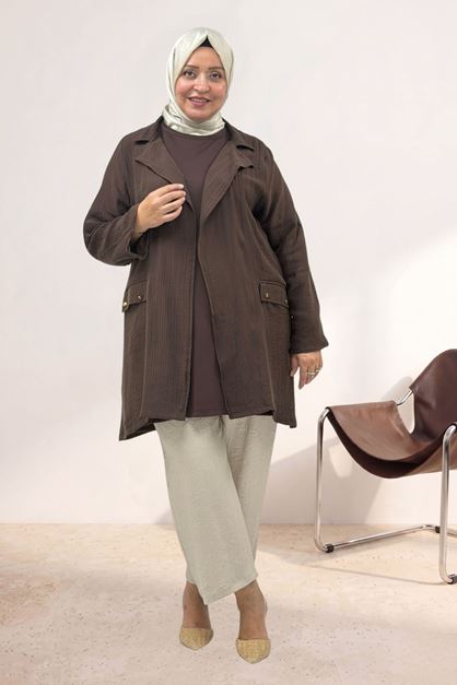 63016 Büyük Beden Mostralı Blazer Double Tensel Ceket - Kahve