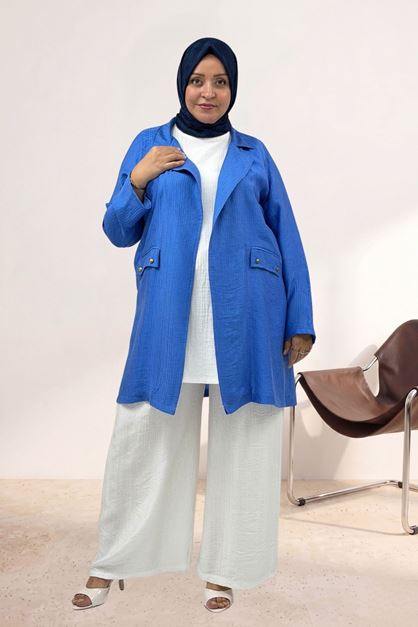 63016 Büyük Beden Mostralı Blazer Double Tensel Ceket - İndigo