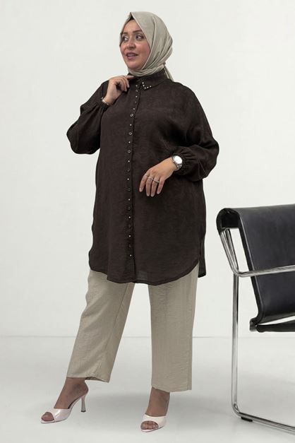 68085 Büyük Beden Beyoğlu Taş Detaylı Jakar Çilek Gömlek - Kahve
