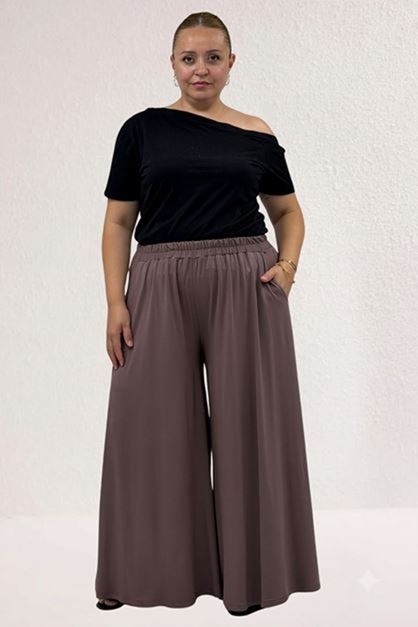 D-49003 Büyük Beden Beli Lastikli Penye Etek Pantolon - Vizon