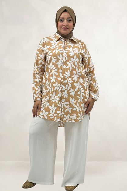 68094 Büyük Beden Manşetli Desenli Mango Tunik - Yaprak Desen Taba