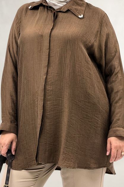 68089 Büyük Beden İnci Dikmeli Double Liyosell Tunik - Kahve