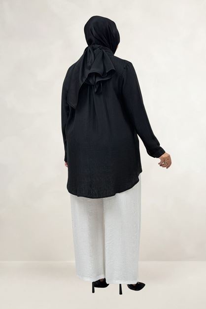 68089 Büyük Beden İnci Dikmeli Double Liyosell Tunik - Siyah