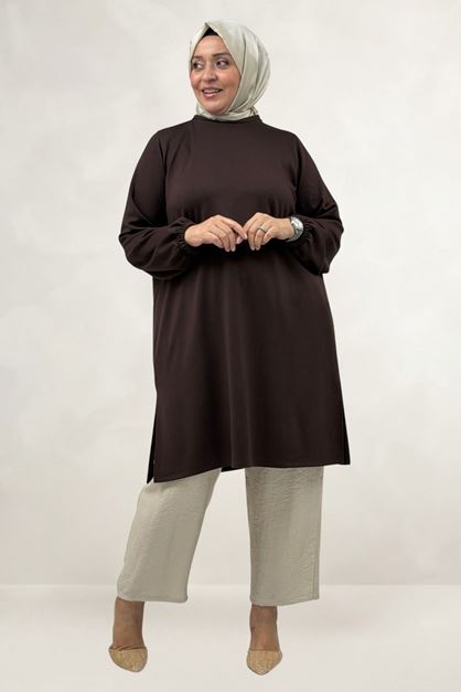 68080 Büyük Beden Basic Modal Tunik - Kahve